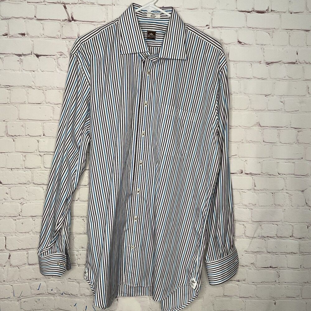 Peter Millar Men’s Large Dress Shirt Button Down Long Sleeve Striped‎ Blue Brown